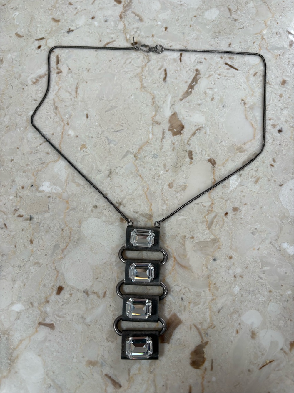 Aris Gunmetal Necklace with Clear Rectangular Crystals